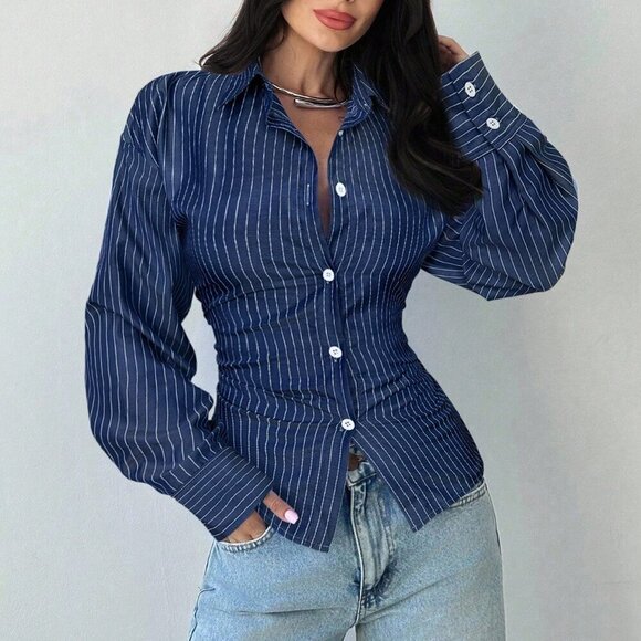 Tops - Navy Blue Long Sleeve Tie-Waist Blouse